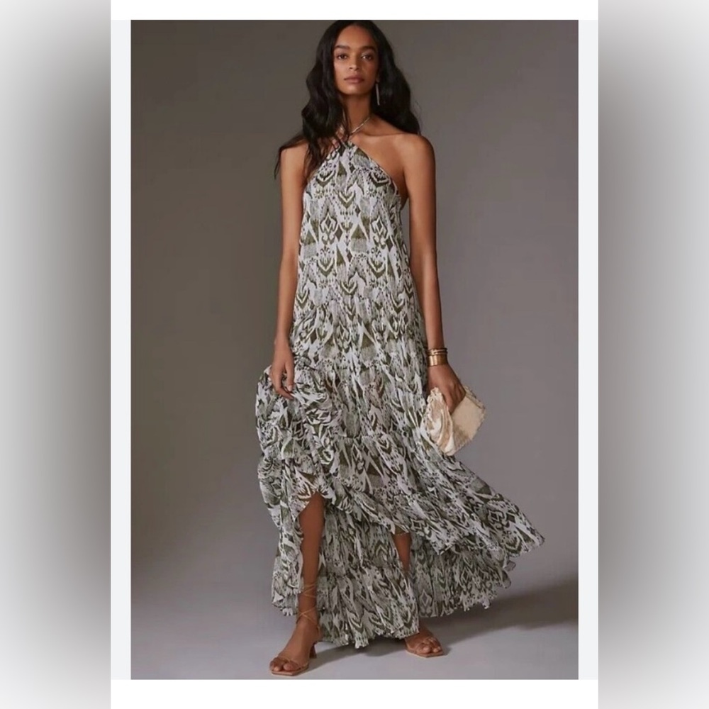 MISA Los Angeles Maxi Dress. Size: XL. Green. Ivory. Halter. NWT.